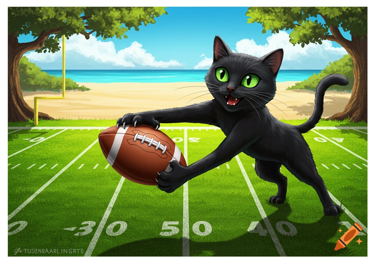 Cartoon illustration of a black cat running on a football field near a beach, holding a football.