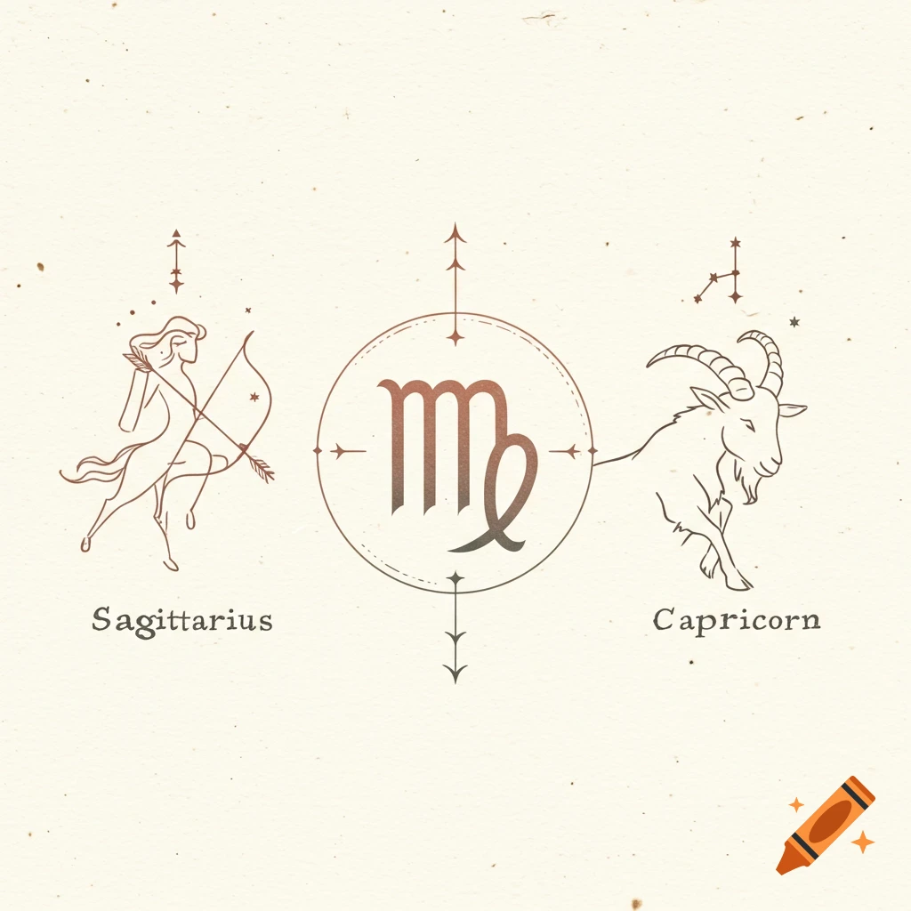 Line art drawing of Sagittarius, Virgo symbol, and Capricorn with text labels on a textured background.