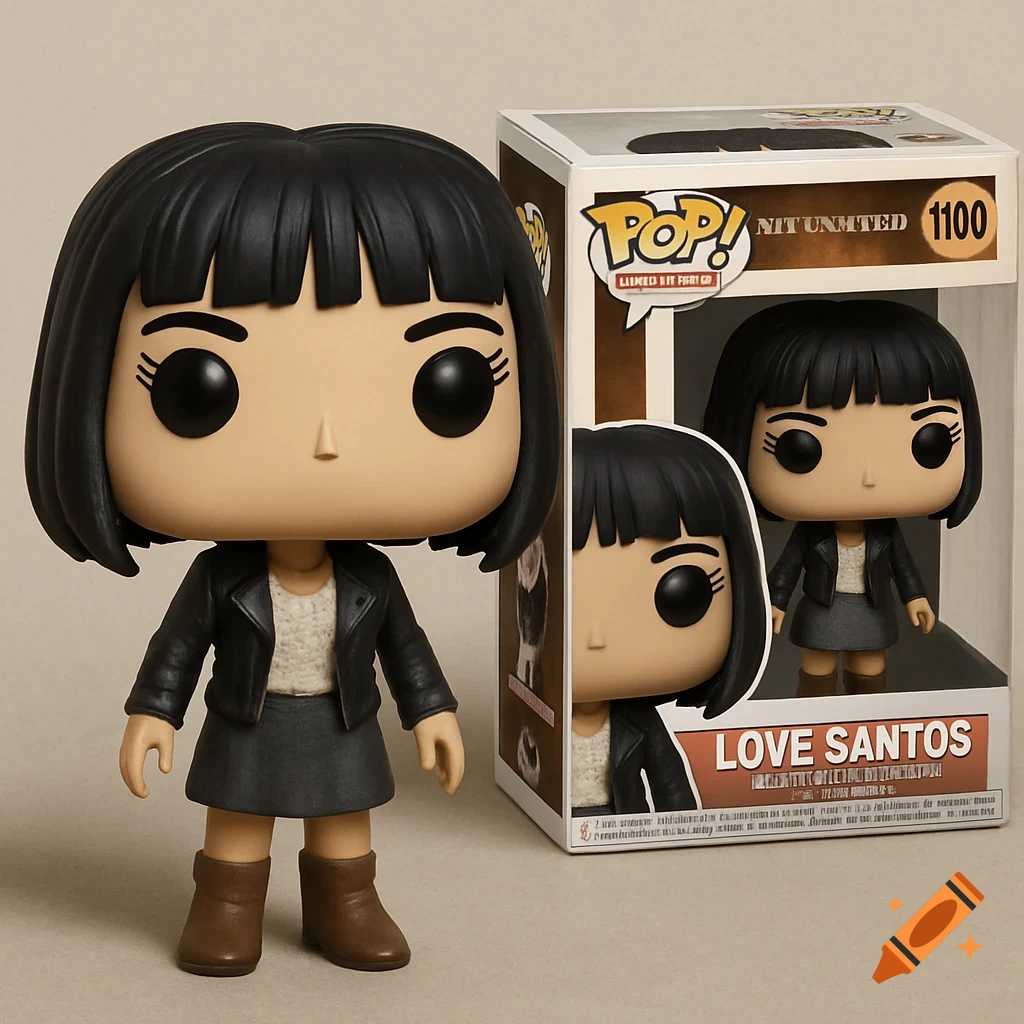 Funko Pop figure of a woman with short black hair, leather jacket, skirt, boots next to box labeled Love Santos.