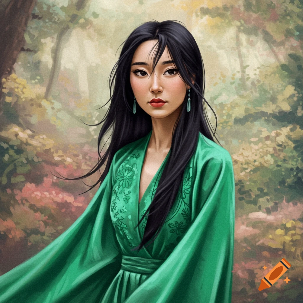 A portrait of a young woman with long black hair in a green dress, standing in a forest. Painted style.