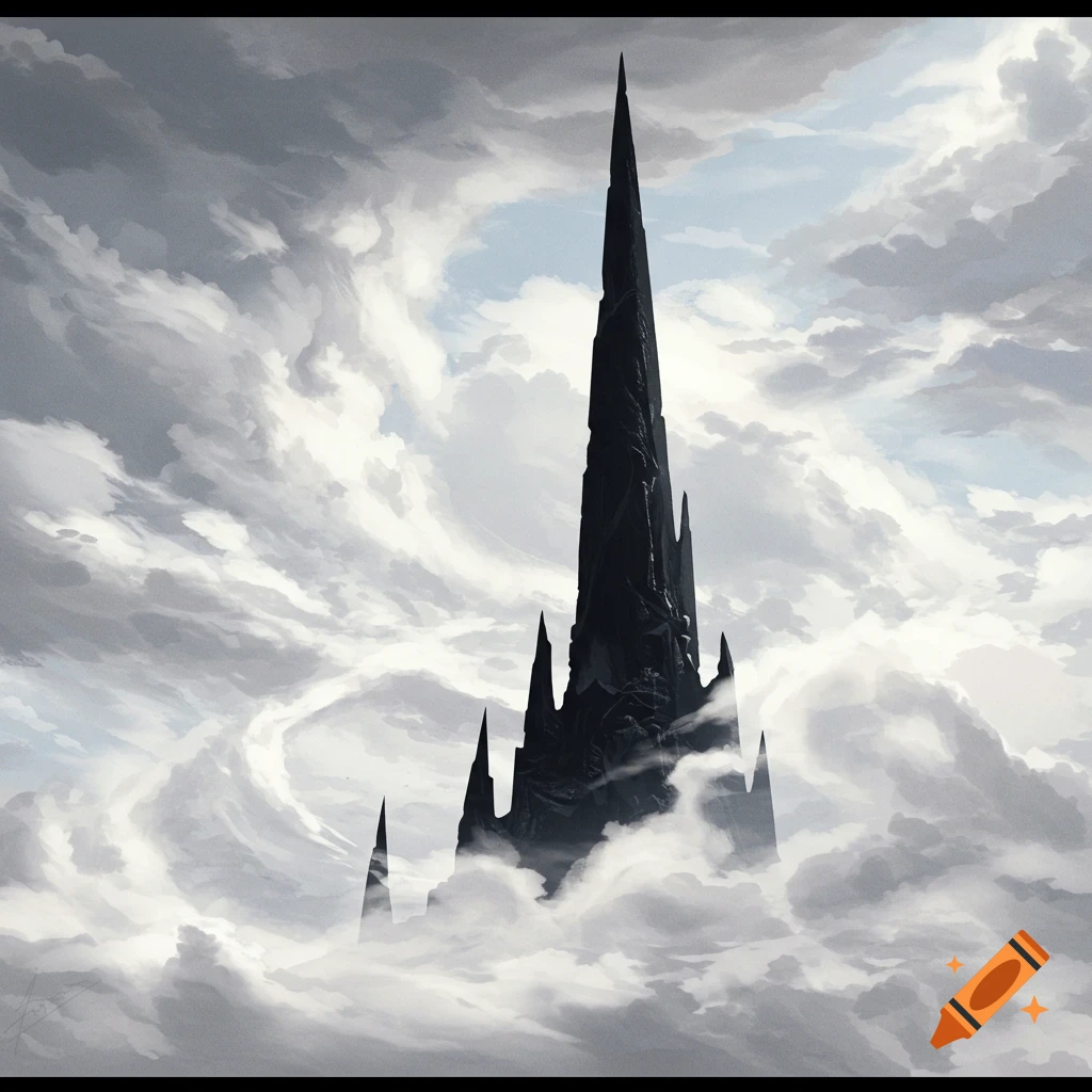 Dark, sharp spire rises through swirling clouds in a fantasy illustration.