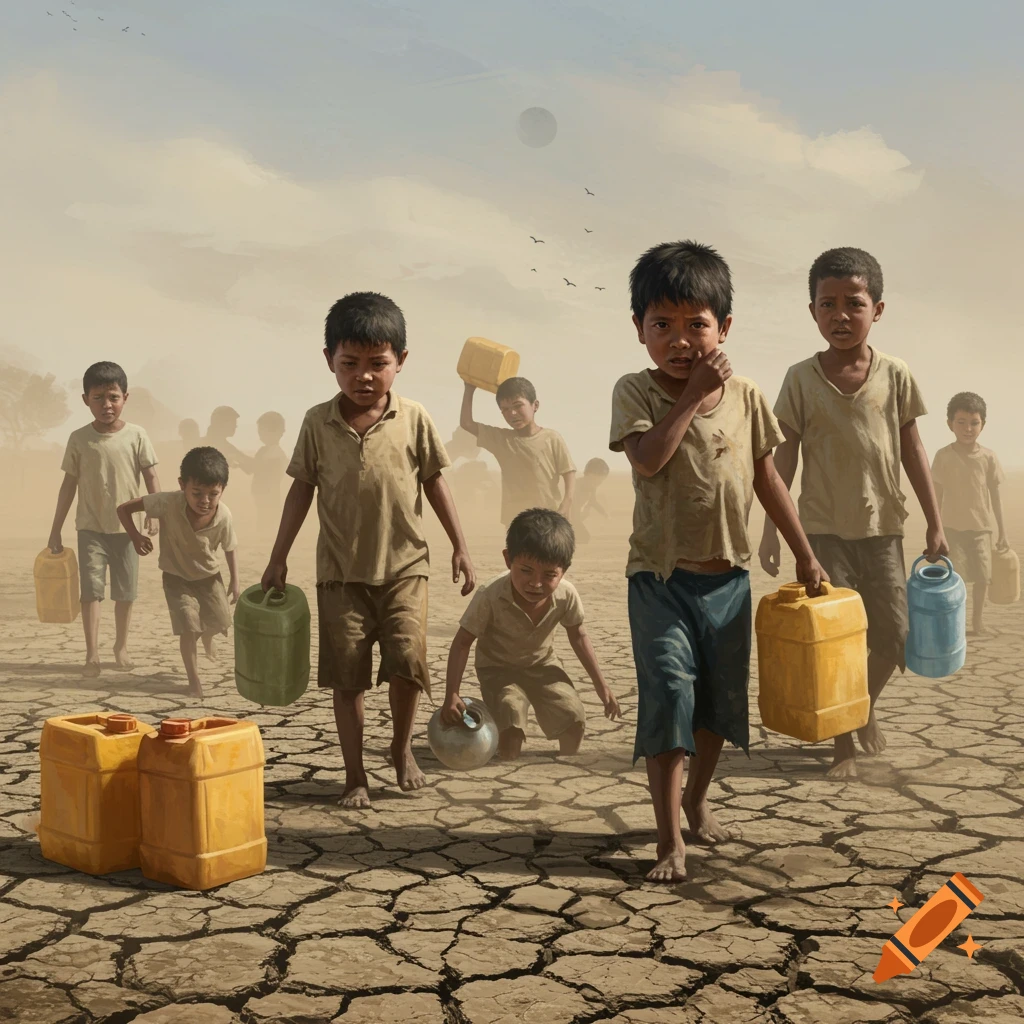 Children walk across dry cracked earth under a hazy sky, carrying water containers.