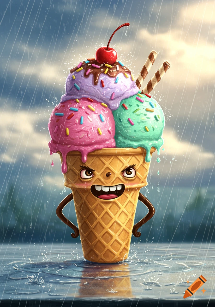 A cartoon ice cream cone with a face stands bravely in the rain, water splashing around its base.