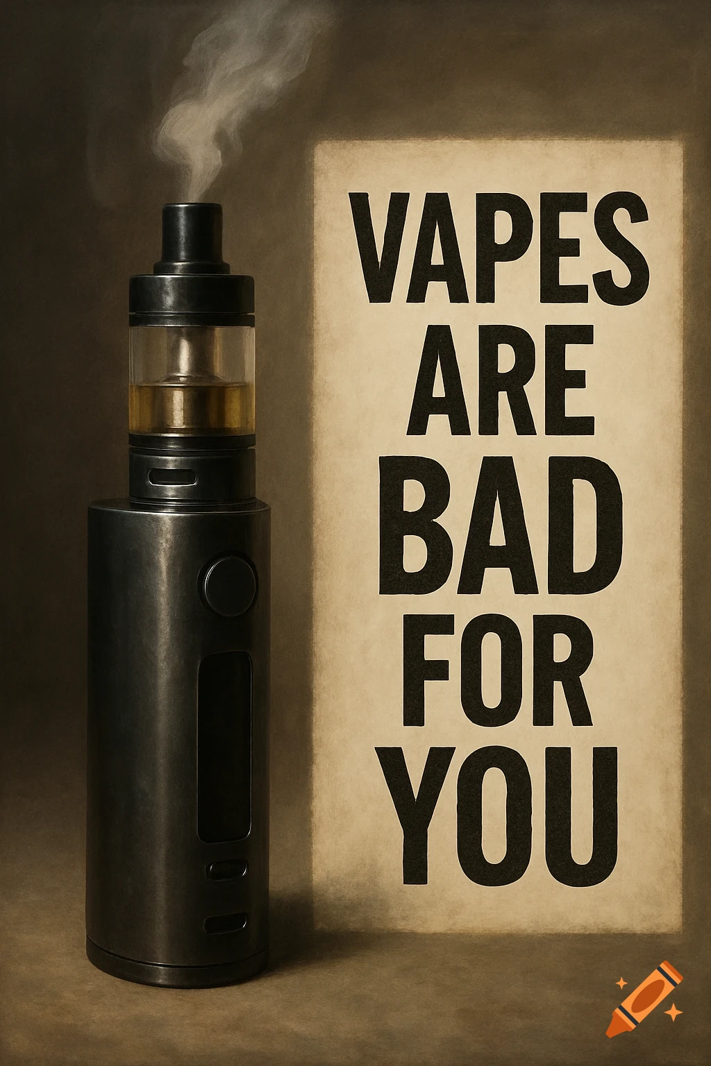 A vape sits next to a sign that reads 'VAPES ARE BAD FOR YOU'.