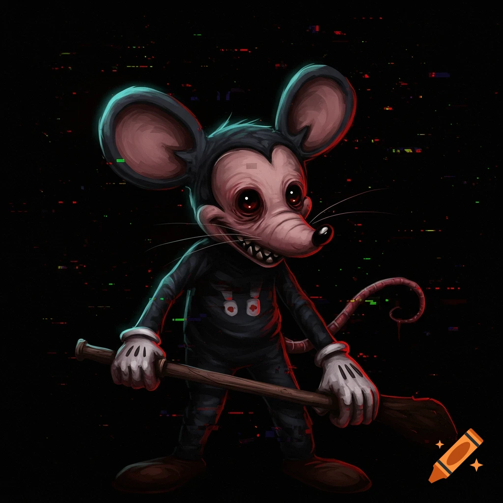 Creepy cartoon mouse character with red eyes and sharp teeth, holding a baseball bat, against a dark background with glitch effects.