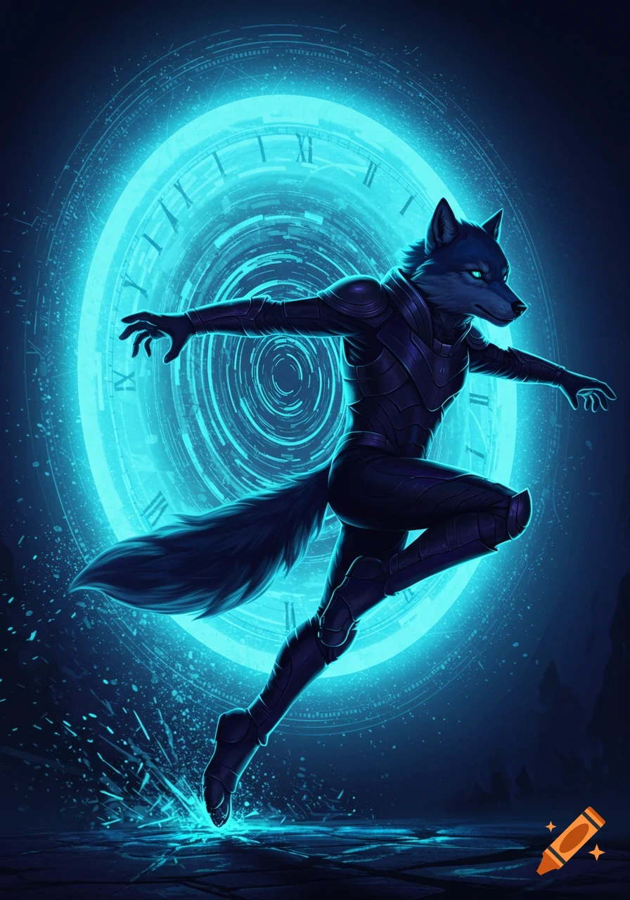 A furry wolf in armor jumps through a glowing blue time portal with Roman numerals.