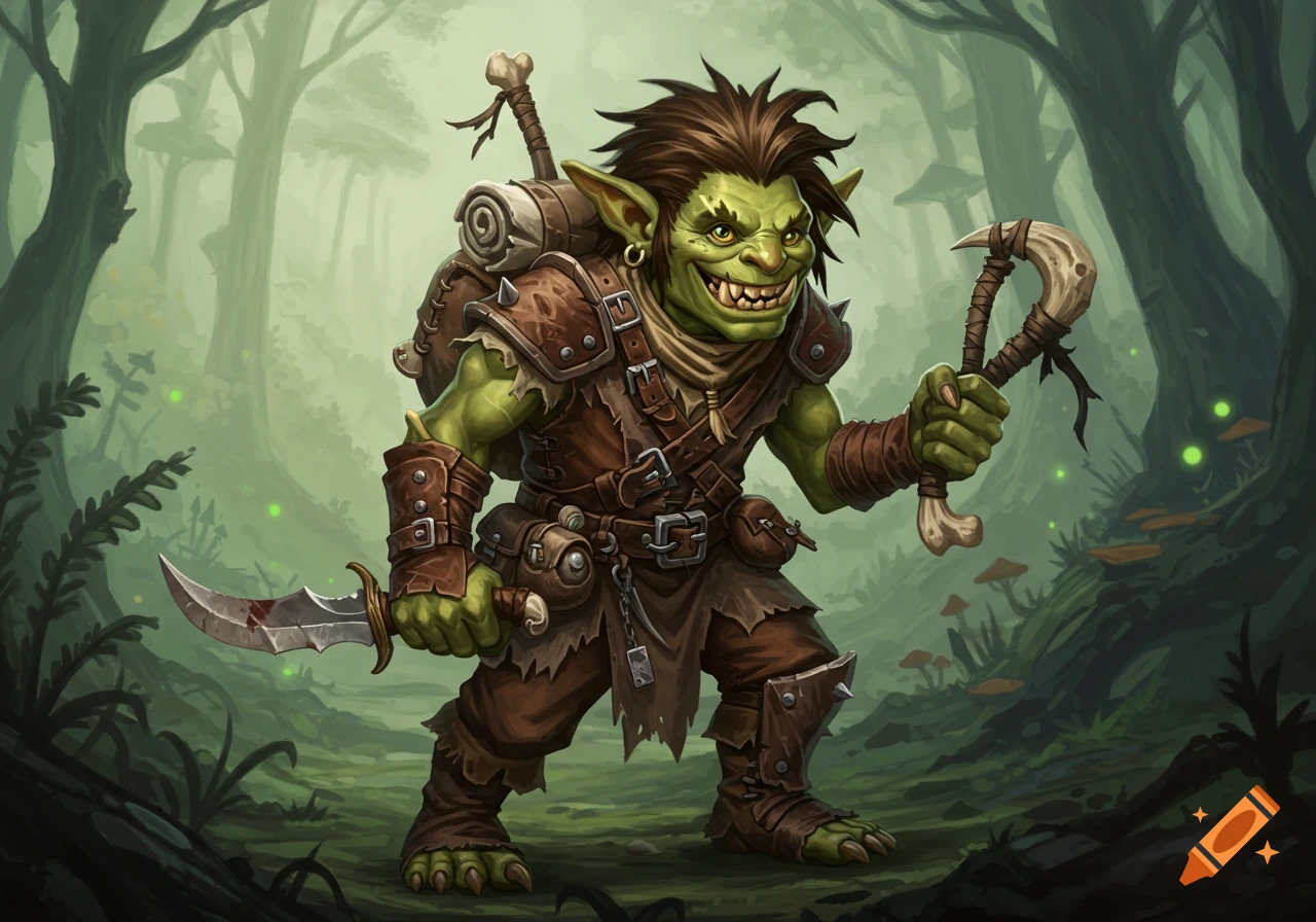 A cartoonish fantasy goblin character stands in a forest holding a knife and a bone club.