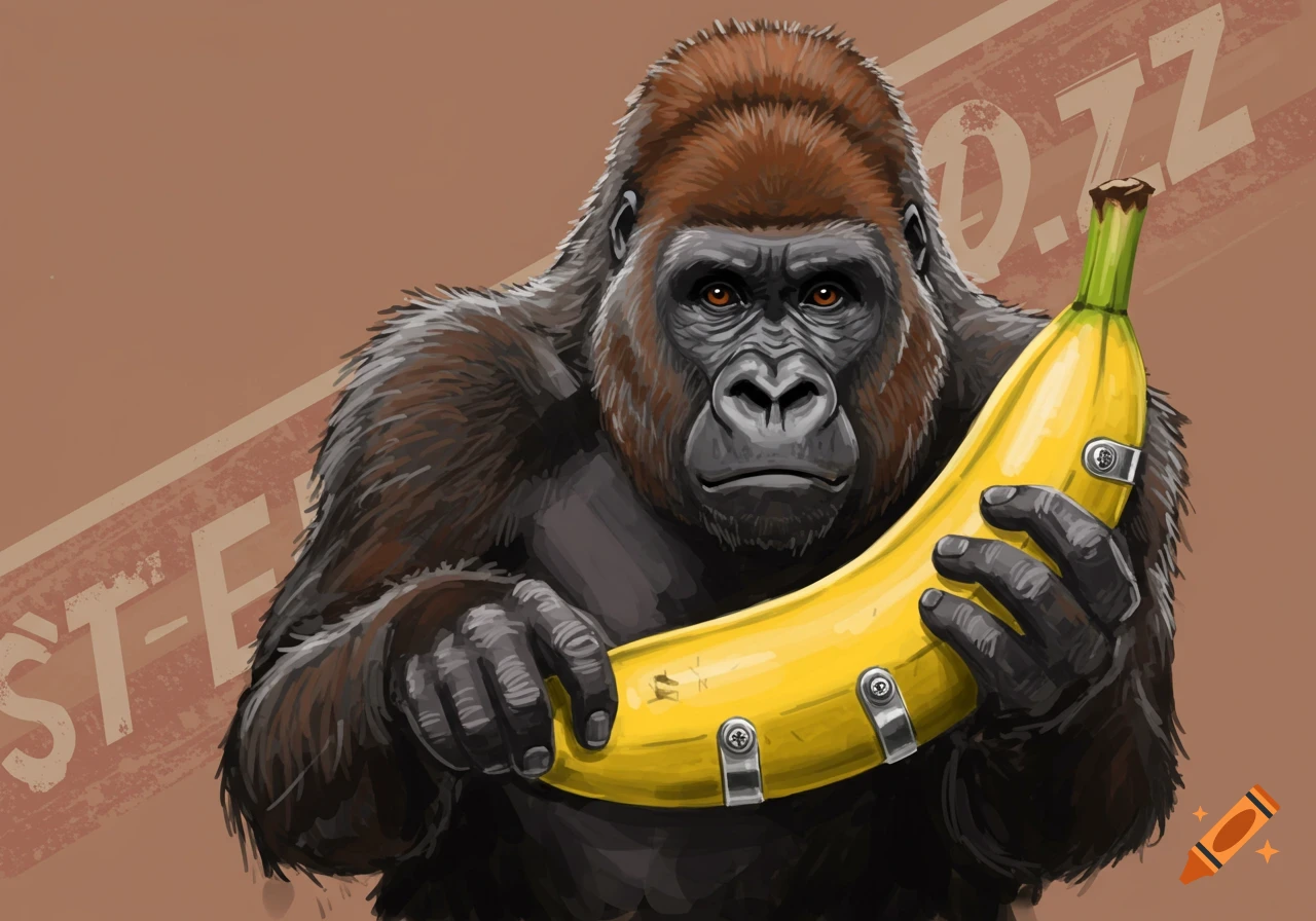 Illustration of a gorilla holding a yellow banana with metal fasteners. Faded text is in the background.