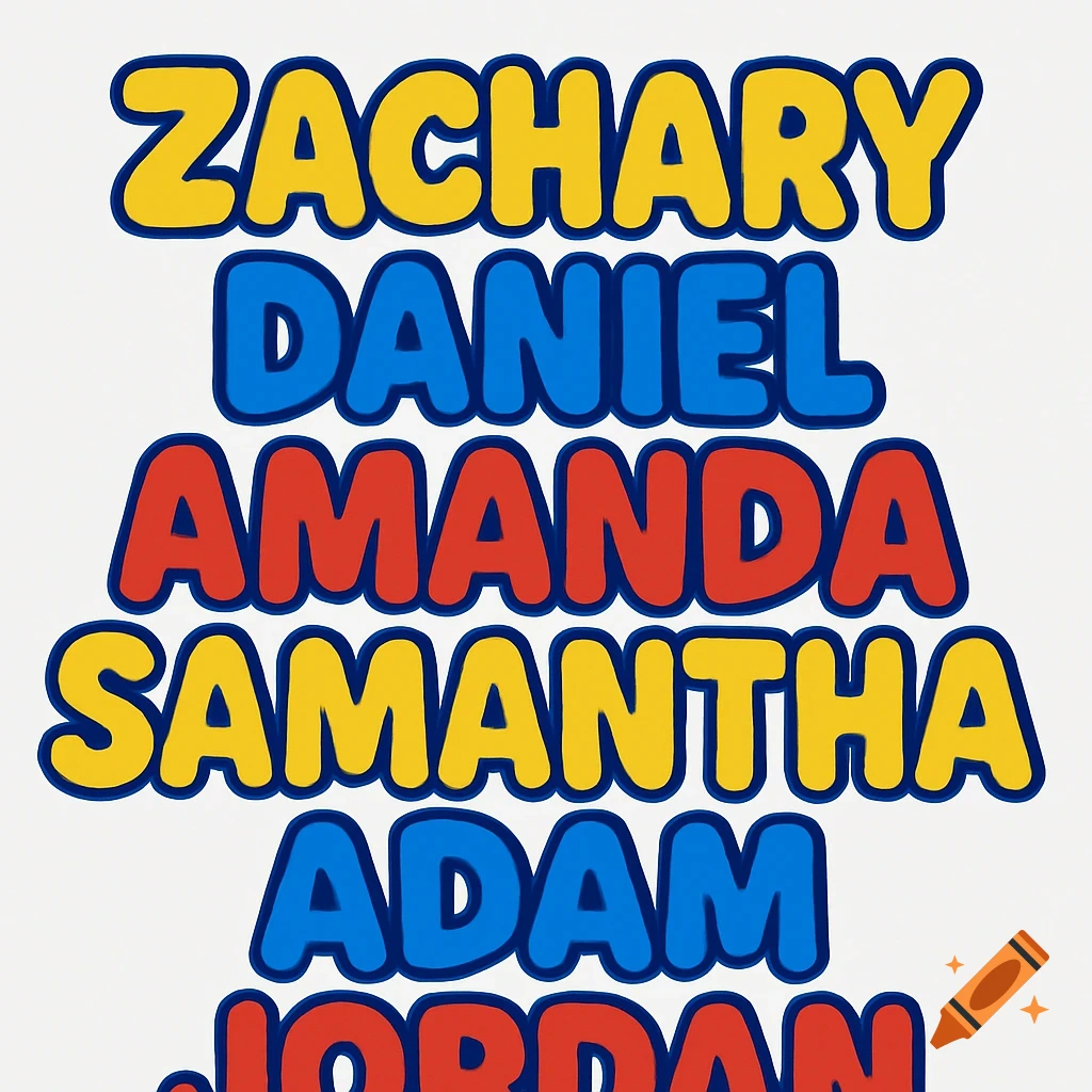List of names in colorful bubble letters