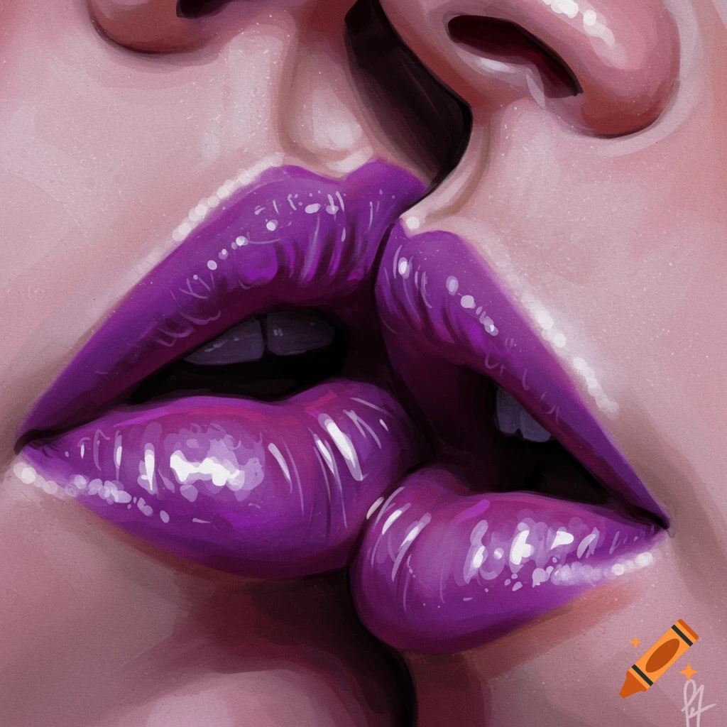 Close-up of two pairs of glossy purple lips kissing.