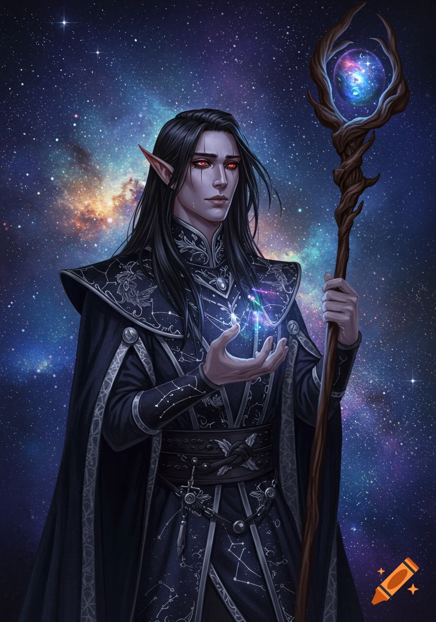 A dark elf druid holding a glowing orb and staff against a backdrop of ...