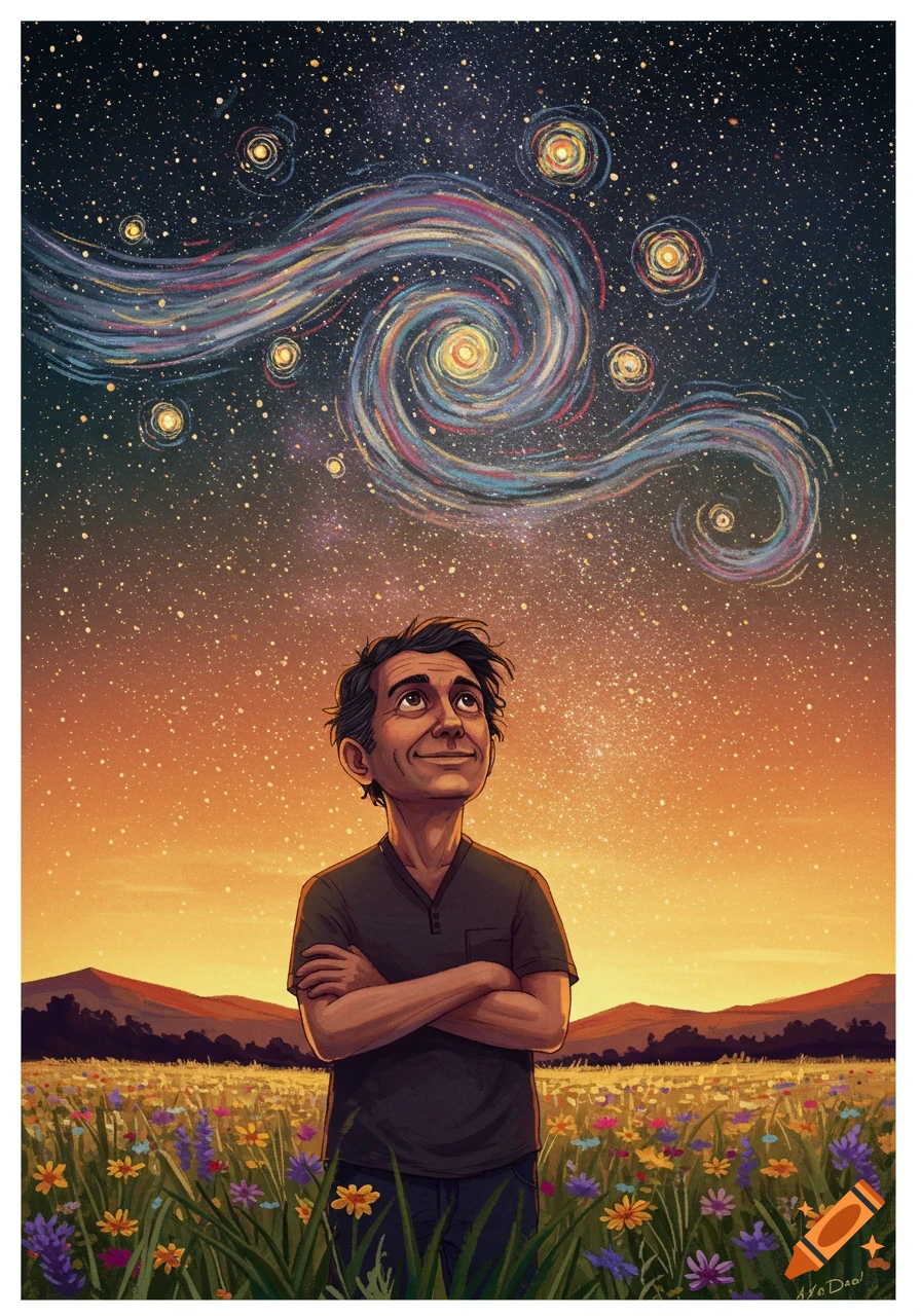 Illustration of a man looking up at a swirling, starry sky over a field of flowers, in a painterly style.