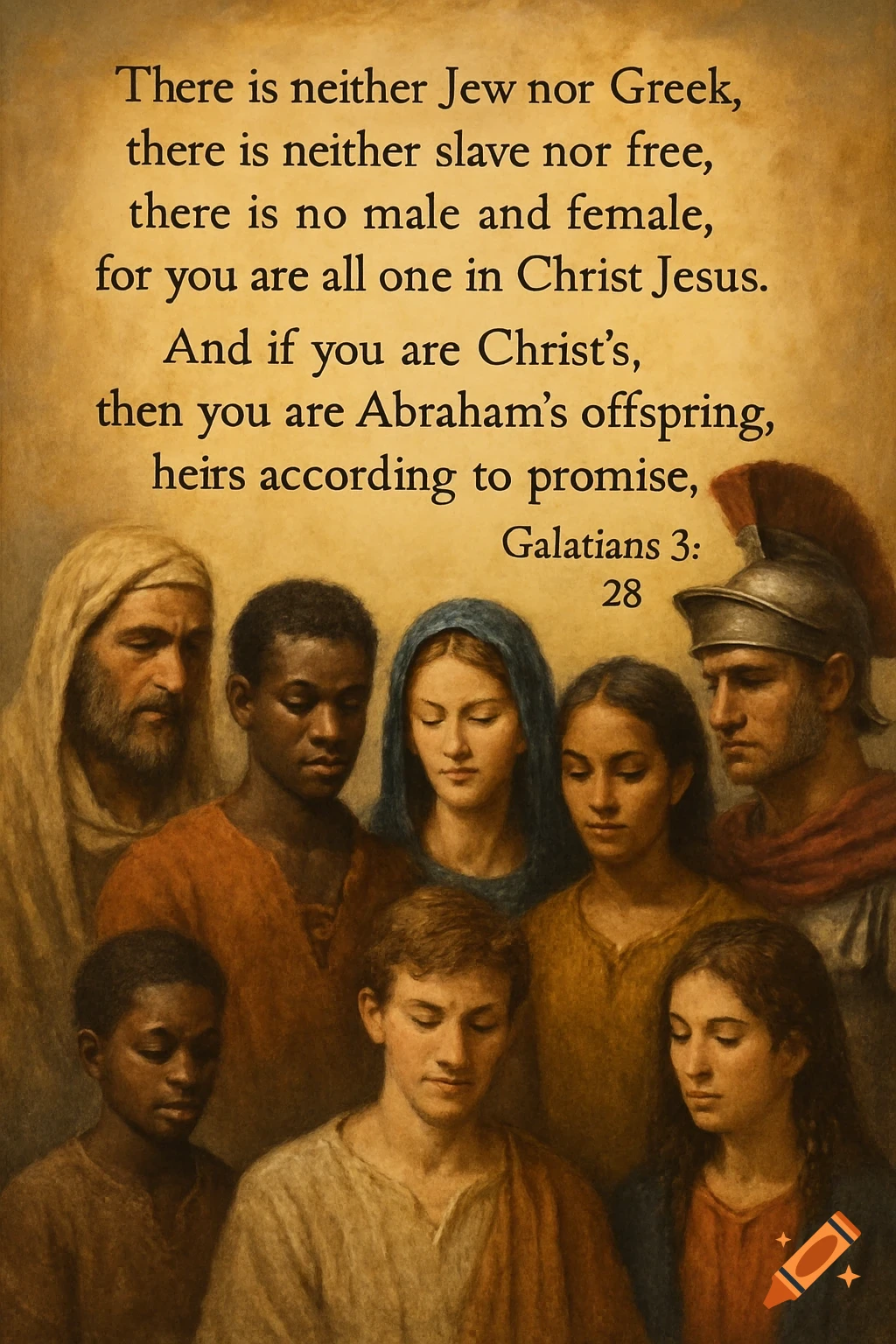 Painterly group portrait of diverse ancient people with biblical text above.