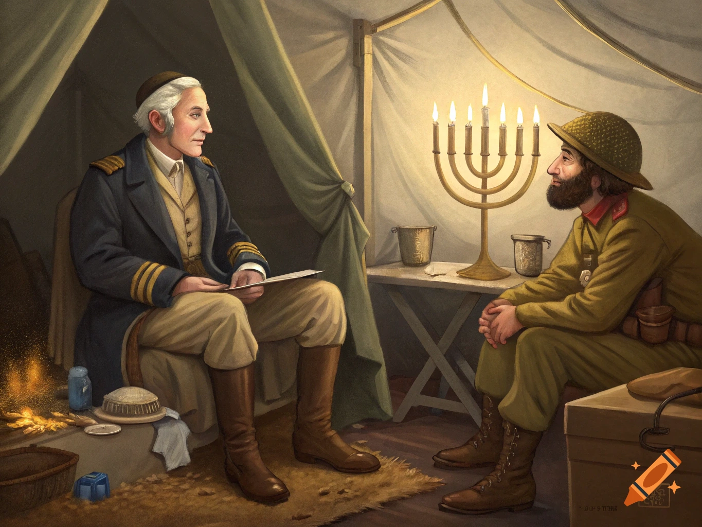 Painting of an officer and soldier sitting in a tent with a lit menorah