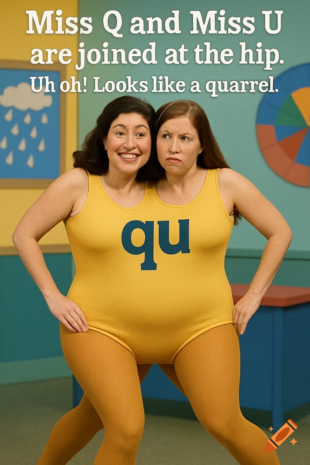 Two women merged into one body with two heads, wearing a yellow leotard with 'qu'. Text says 'Miss Q and Miss U are joined at the hip. Uh oh! Looks like a quarrel.'