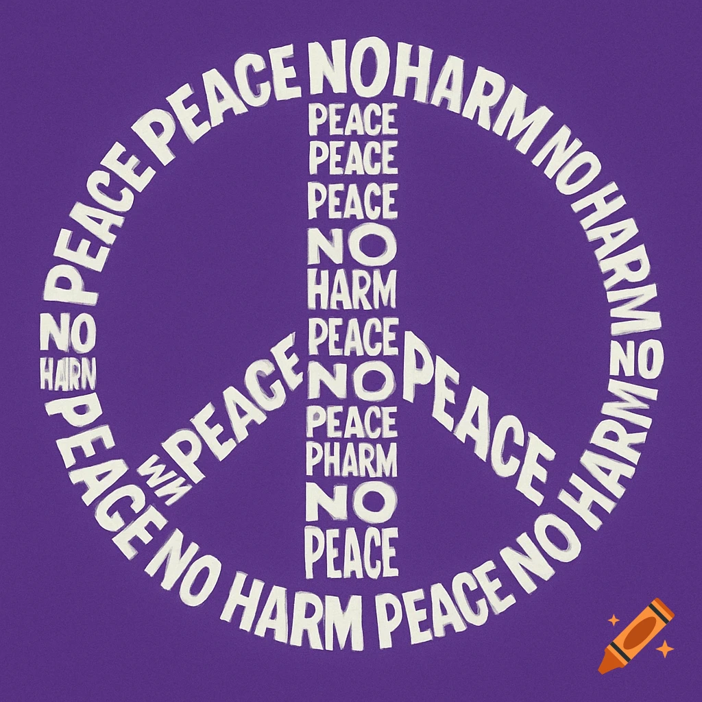 A peace sign formed by the words 'PEACE' and 'NO HARM' on a purple background.