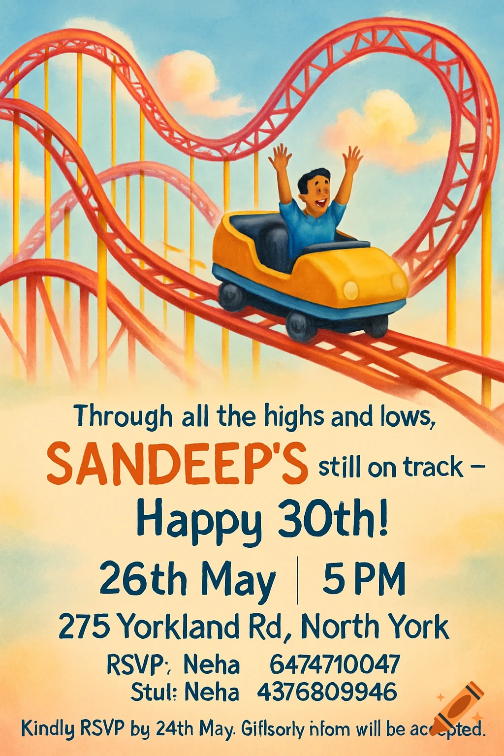 Cartoon birthday invitation with a person riding a roller coaster.