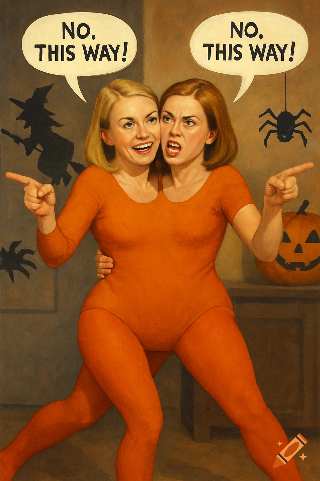 A two-headed woman in an orange leotard points in opposite directions. Speech bubbles say "NO. THIS WAY!". Halloween elements include a witch silhouette, spider, and pumpkin.