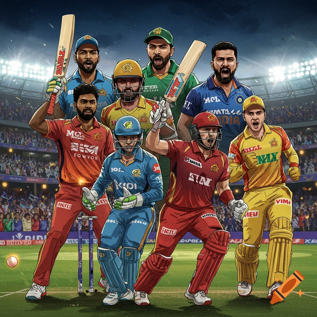 Stylized illustration of a group of cricket players in uniform in a stadium.
