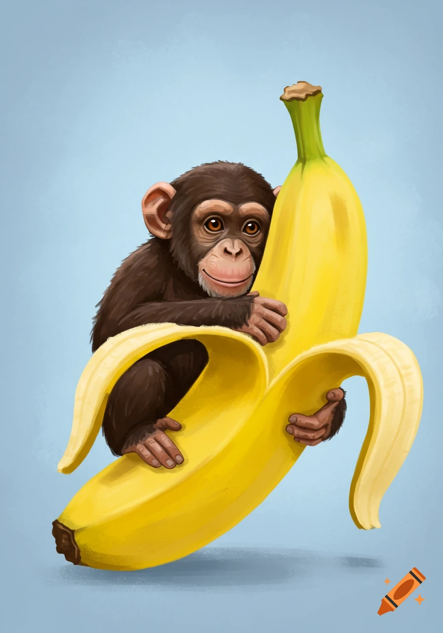 Illustration of a cute chimpanzee hugging a large peeled banana against a blue background.
