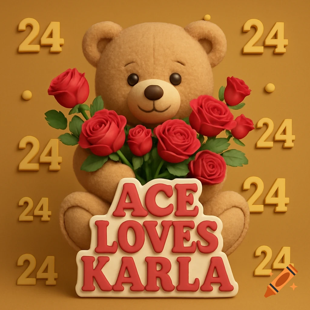 A teddy bear holds a bouquet of red roses with a sign saying 'ACE LOVES KARLA' and the number 24 scattered around.