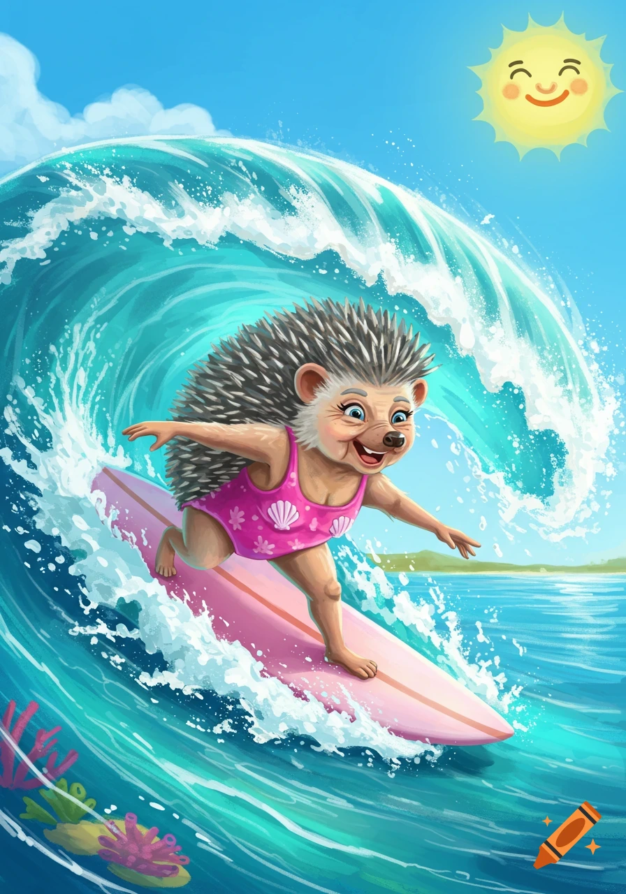 Cartoon illustration of an elderly hedgehog in a pink swimsuit surfing a wave.