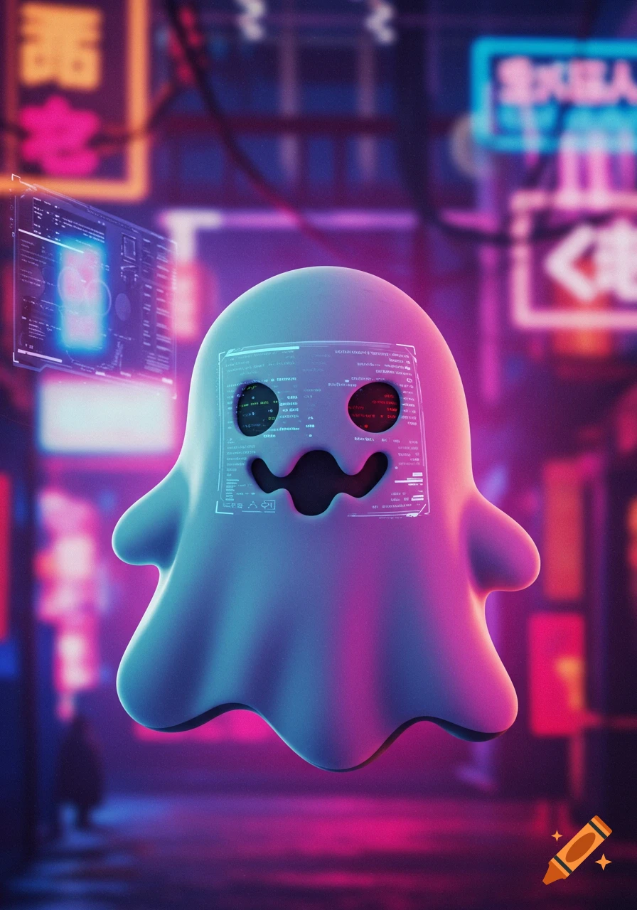 A cartoon ghost with data displays on its face floats in a neon cyberpunk city.