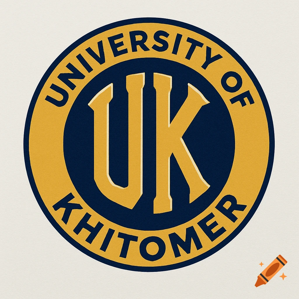 Circular blue and gold university logo with the text University of Khitomer and UK.