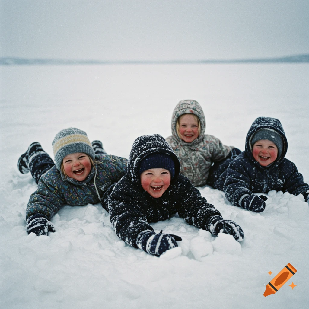 Four happy children in winter clothing laying in the snow, smiling.