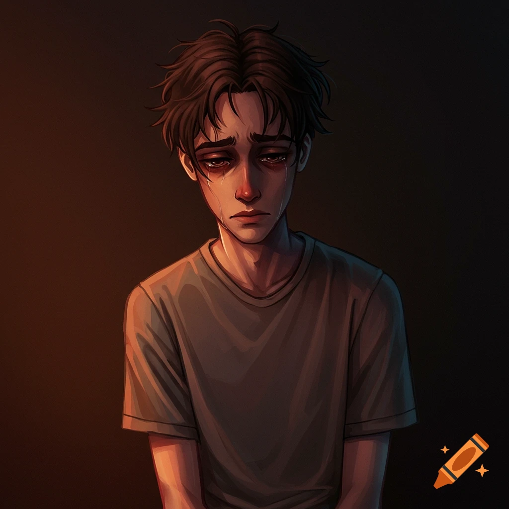 Illustration of a sad young man crying with tears streaming down his face