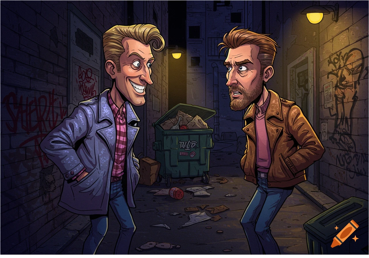 Two cartoon men meet in a gritty alley at night.