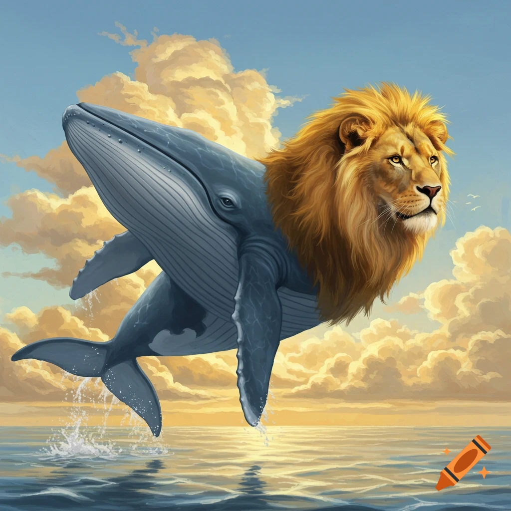 A creature that is half blue whale, half lion, leaps from the ocean into a cloudy sky at sunset.