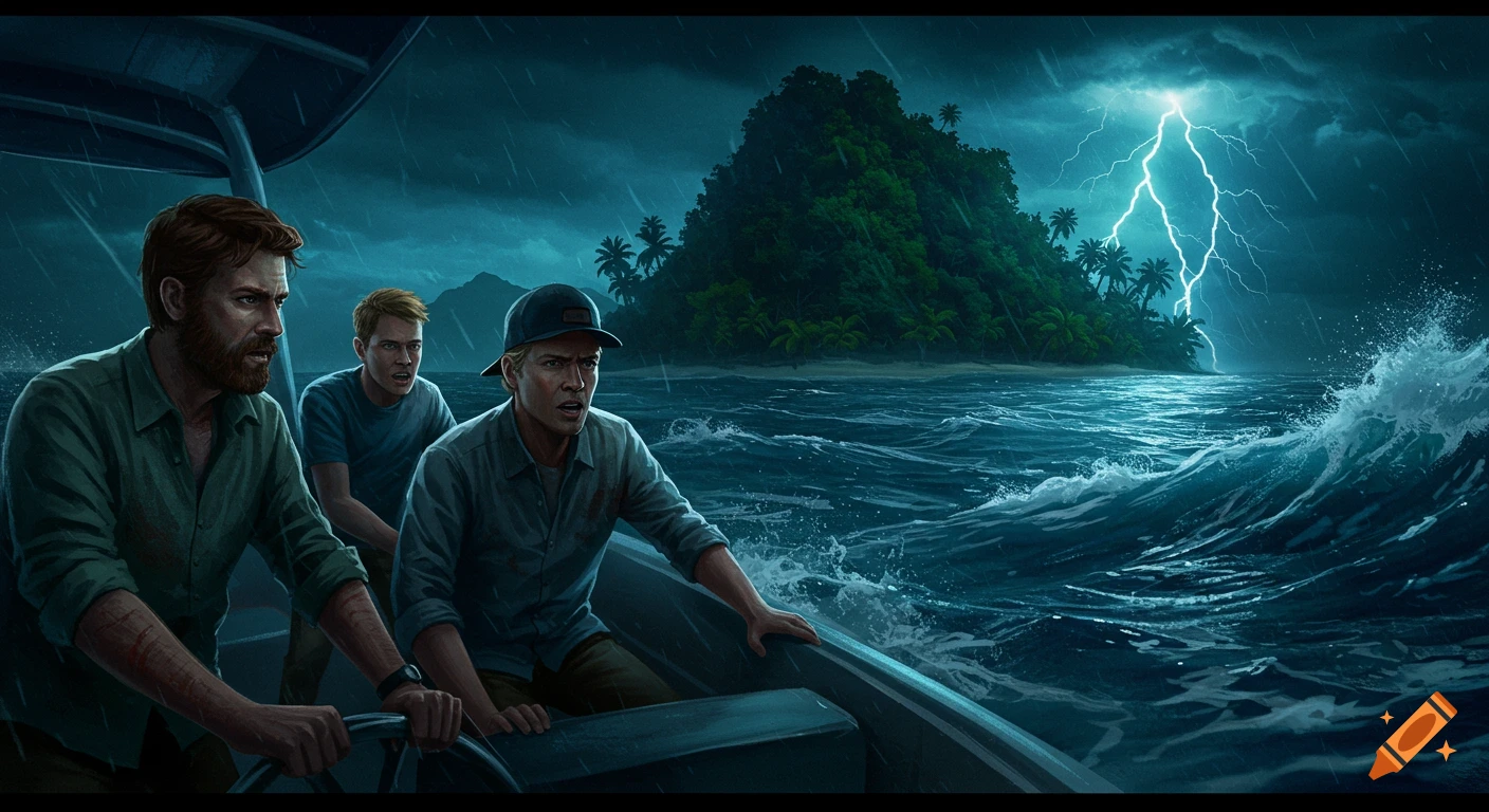 Three men in a boat approach a tropical island during a stormy night with lightning, digital painting style.