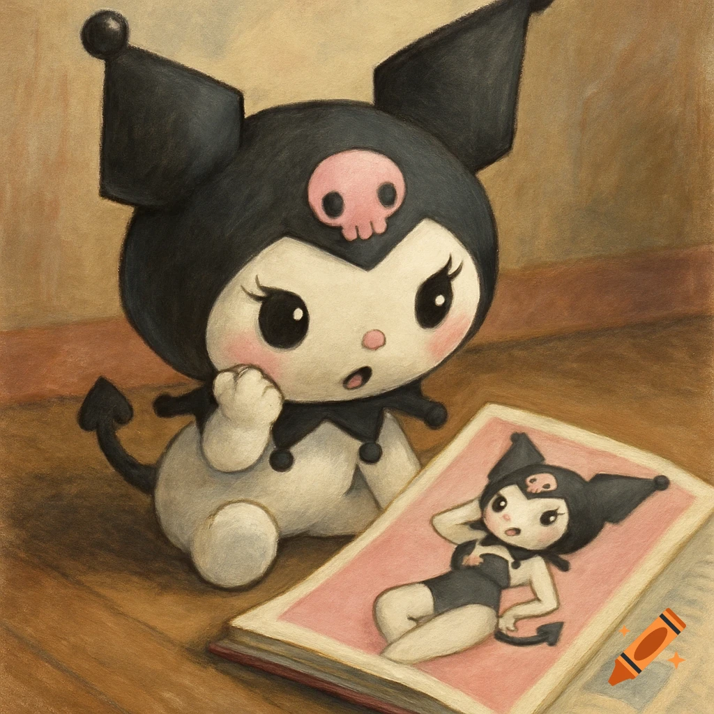 Kuromi cartoon character looks at a magazine drawing of herself in a swimsuit.