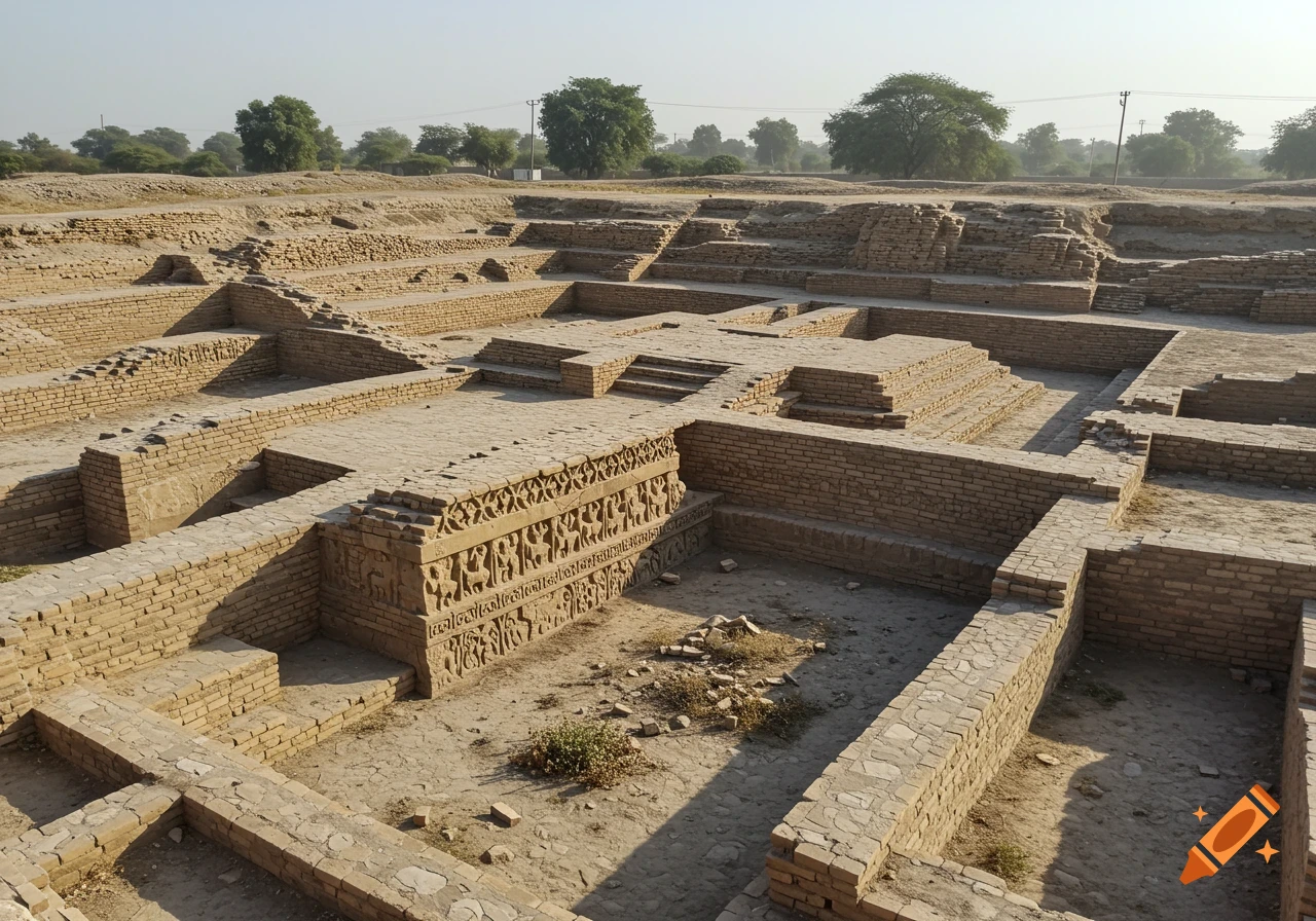 Expansive view of ancient brick ruins with decorative carvings on a wall, under a clear sky.