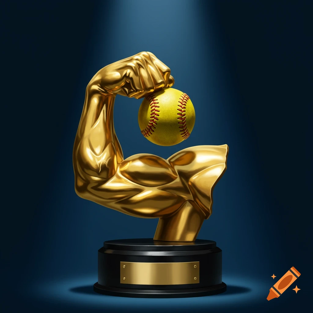 Golden arm trophy holding a softball on a dark background.