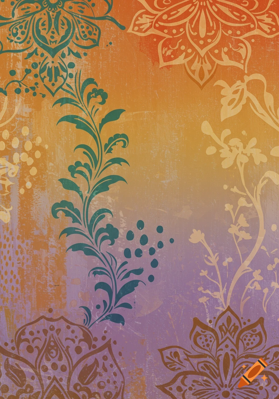 Boho style background with floral and mandala patterns on a textured orange and purple gradient.