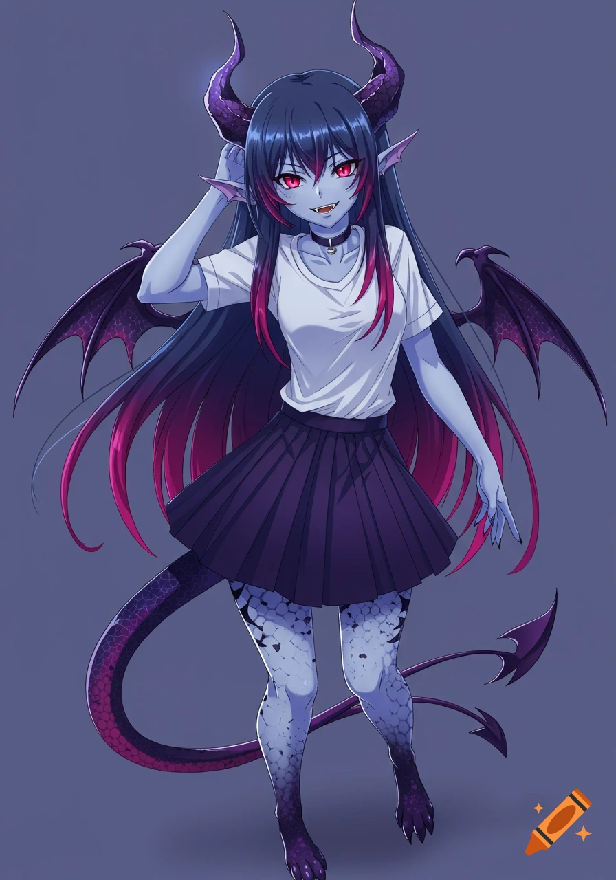 An anime style illustration of a demon girl with blue skin, horns, tail, scales, and fangs, wearing a white shirt and skirt.