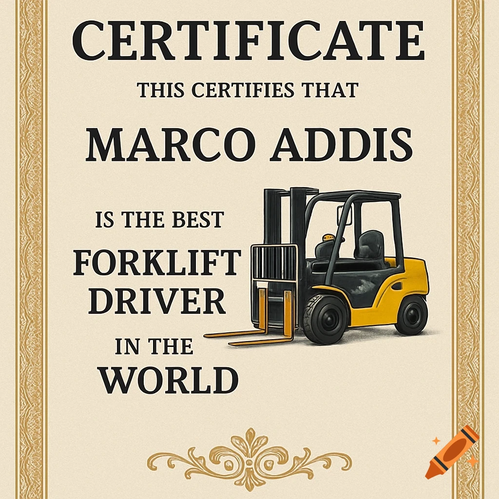 A certificate for Marco Addis as the best forklift driver in the world, featuring a forklift illustration.