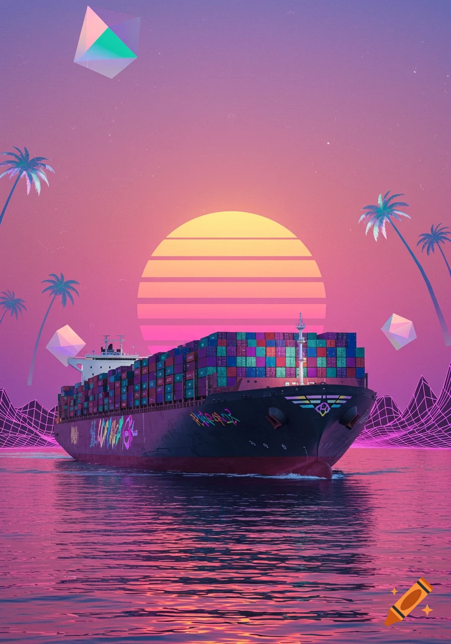 A container ship sails on water in a vaporwave style with palm trees, a sunset, geometric shapes, and a grid horizon.