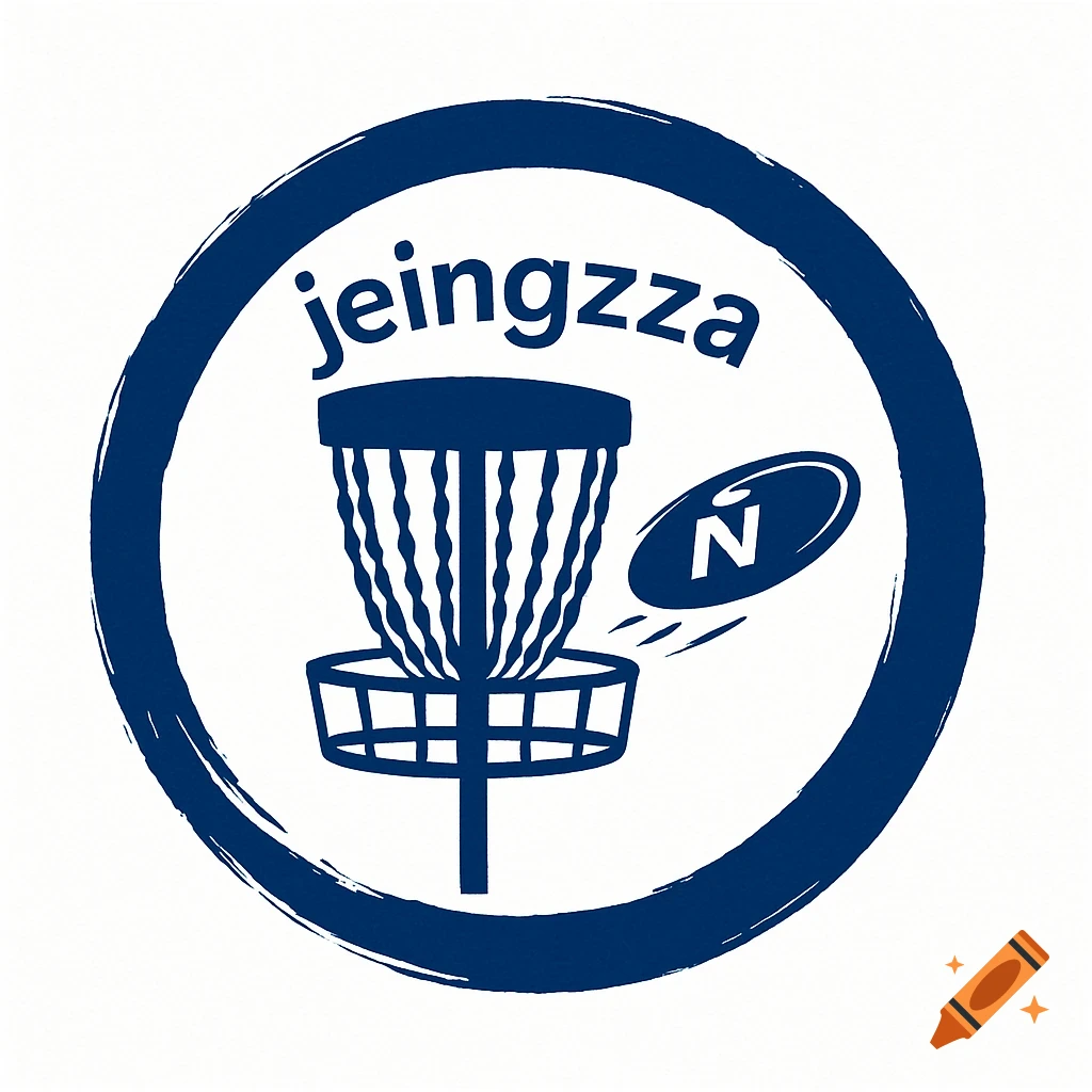 Blue logo for disc golf with a basket, flying disc, and text "jeingzza" and "Ñ" inside an enso circle.