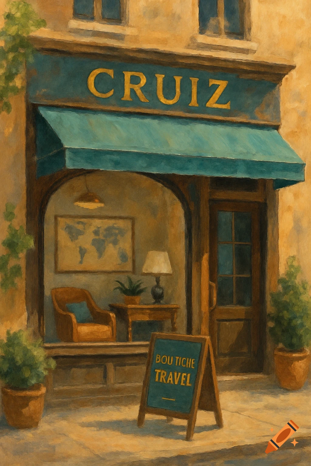 Painterly storefront for Cruiz with a green awning and a sign reading 'BOUTICHE TRAVEL'.