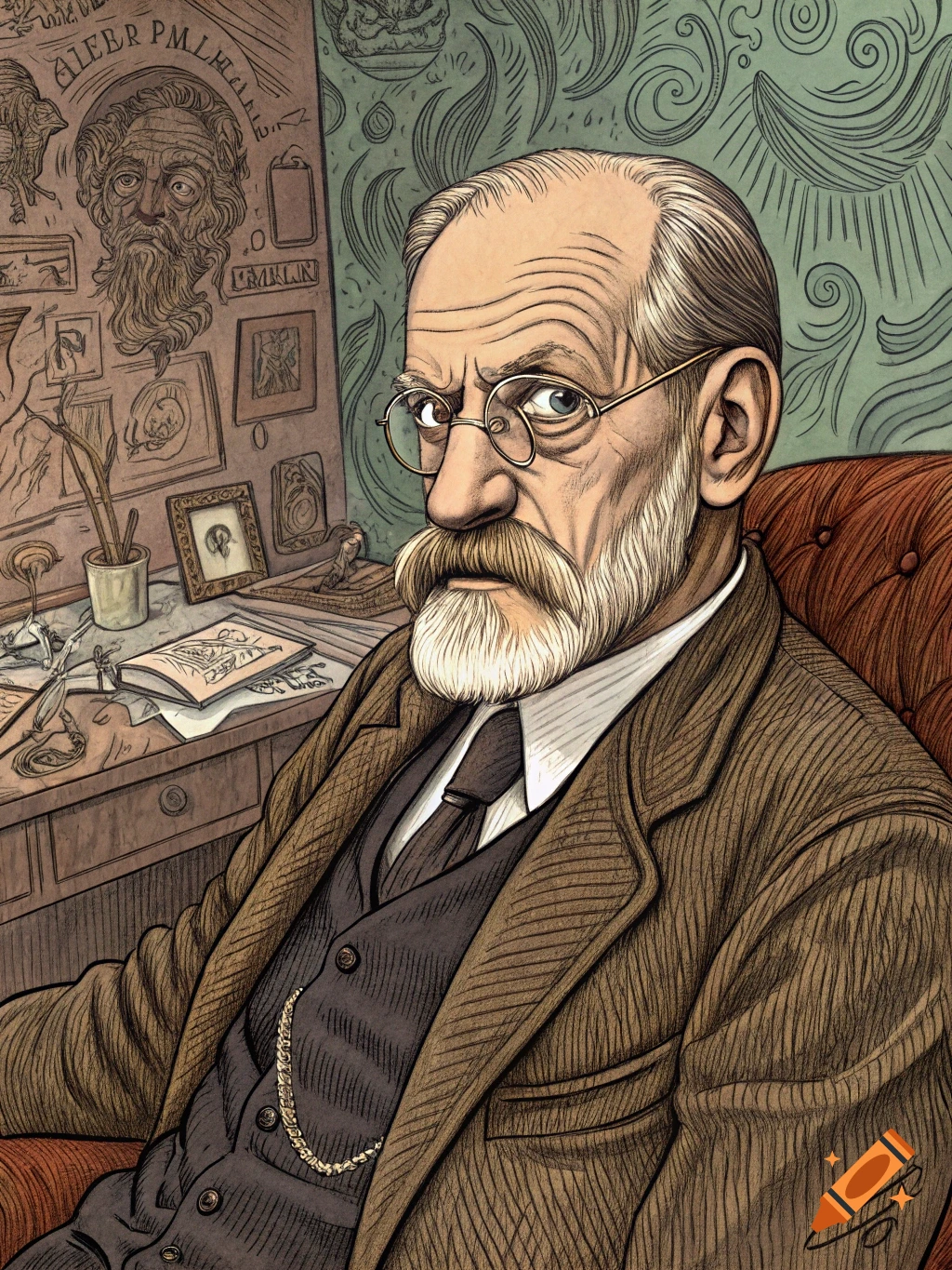 Illustration in R. Crumb style of Sigmund Freud seated at a desk.