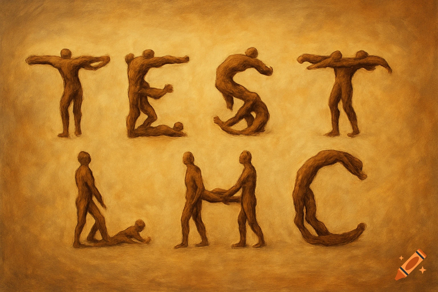 The word TEST LHC formed by brown sculpted figures against a textured yellow-brown background