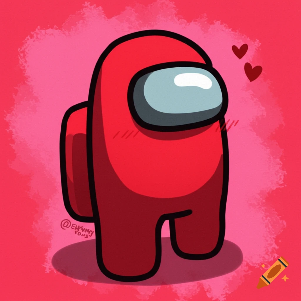 Red Among Us character illustration blushing with hearts