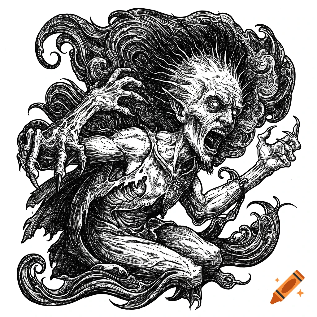 Gothic line art illustration of a gaunt, monstrous creature with long flowing hair and sharp claws.