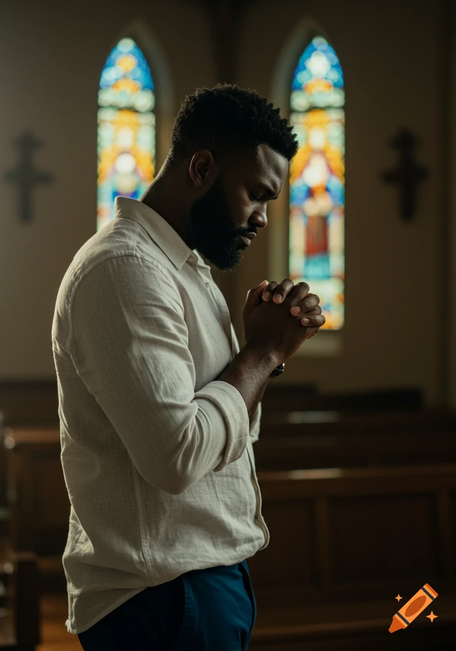 Man praying in a church with stained glass windows.