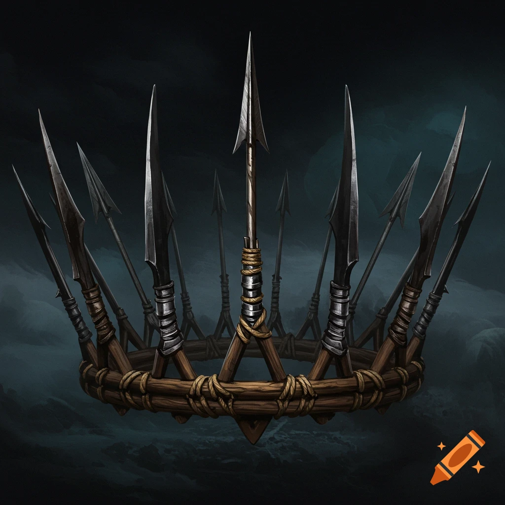 A crown made of dark metal spears and wood, digitally painted against a dark, stormy background.