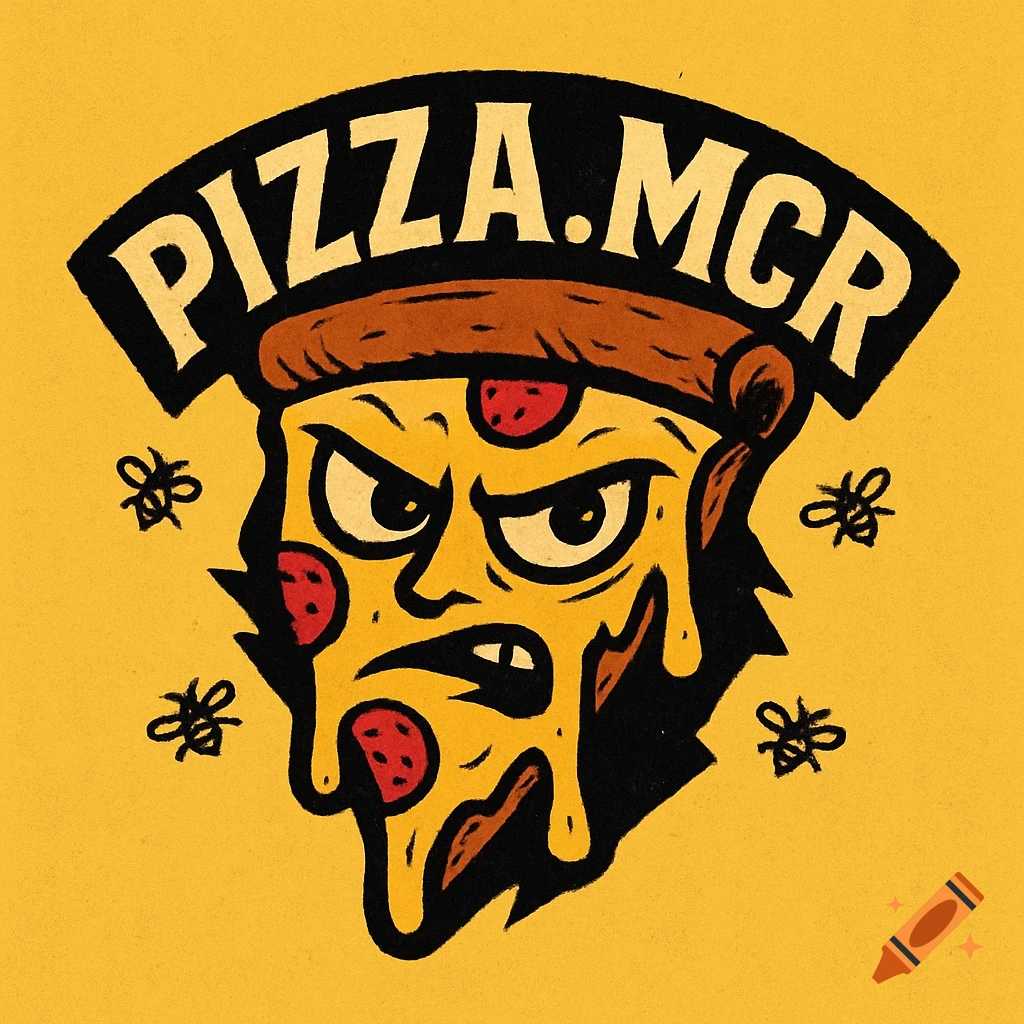 Cartoon logo of angry pizza slice with dripping cheese and 'PIZZA.MCR' text above, on a yellow background.
