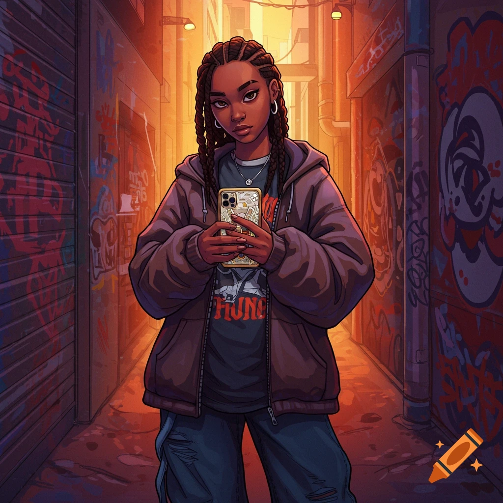 Stylized illustration of a young woman holding a phone in a graffiti-covered urban alleyway.